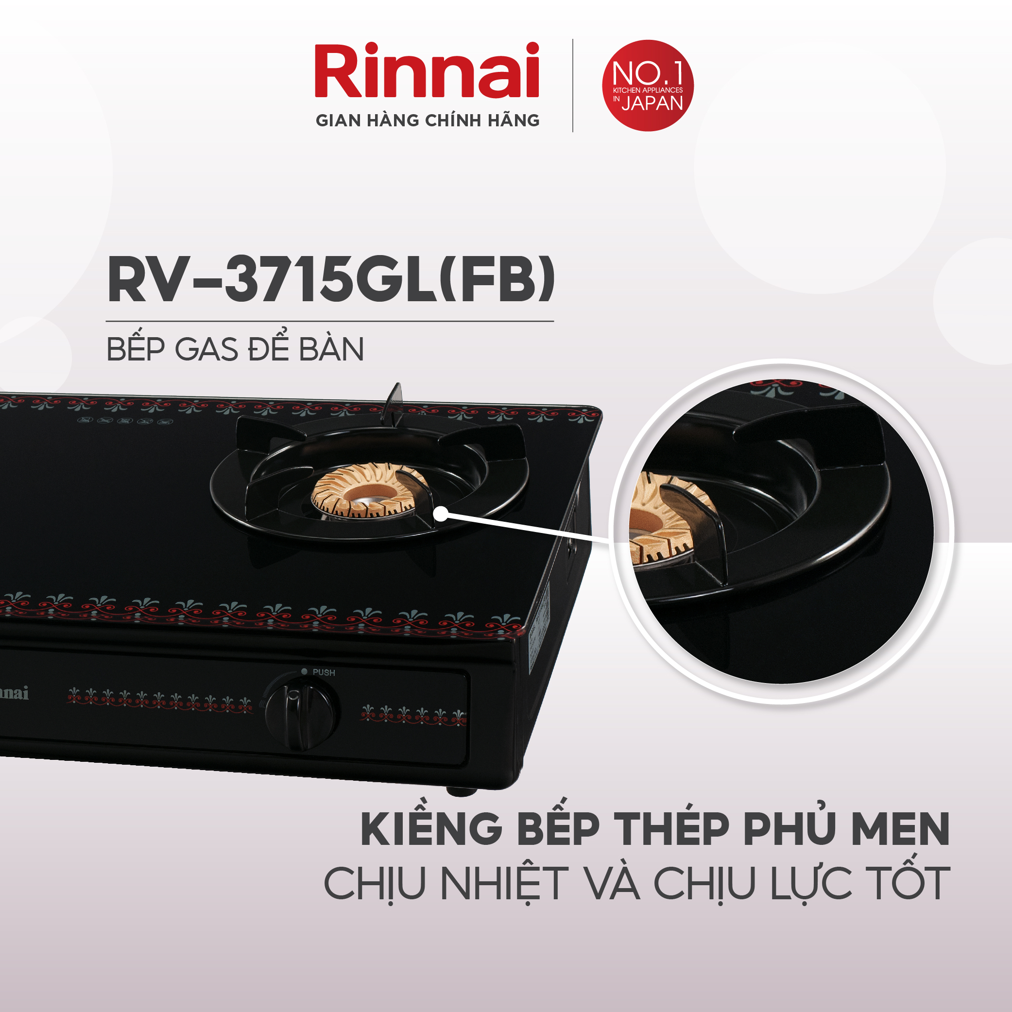 Bếp gas dương Rinnai RV-3715GL(FB) mặt bếp kính và kiềng bếp men - Hàng chính hãng.