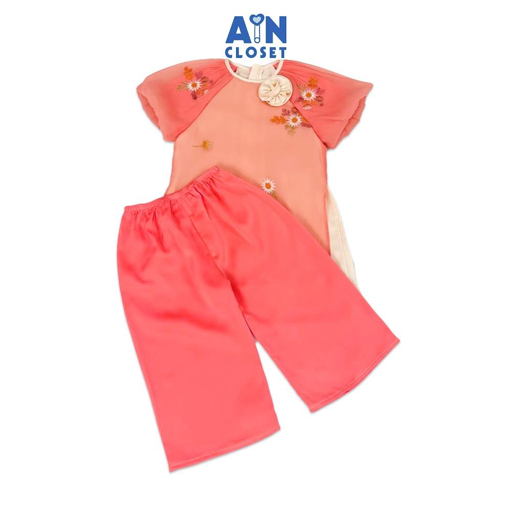 Bộ Áo Dài bé gái họa tiết Cúc Mặt Trời Cam tơ lụa - AICDBGREZDHF - AIN Closet