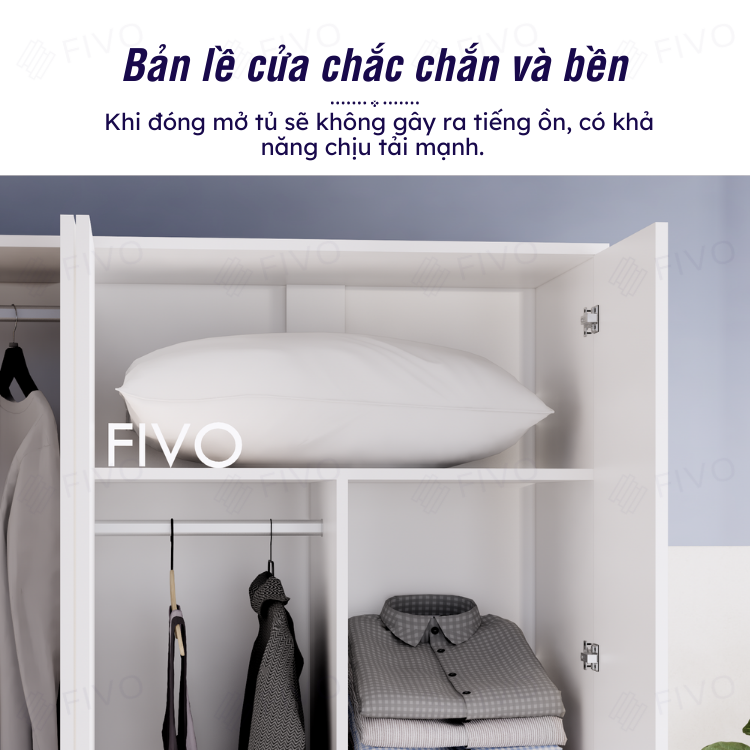 Tủ Đựng Quần Áo Gỗ Màu Trắng MDF Lõi Xanh Chống Ẩm Dày 17mm FIVO FC01 Cửa Mở Thiết Kế Nhiều Ngăn Dễ Dàng Lắp Ráp