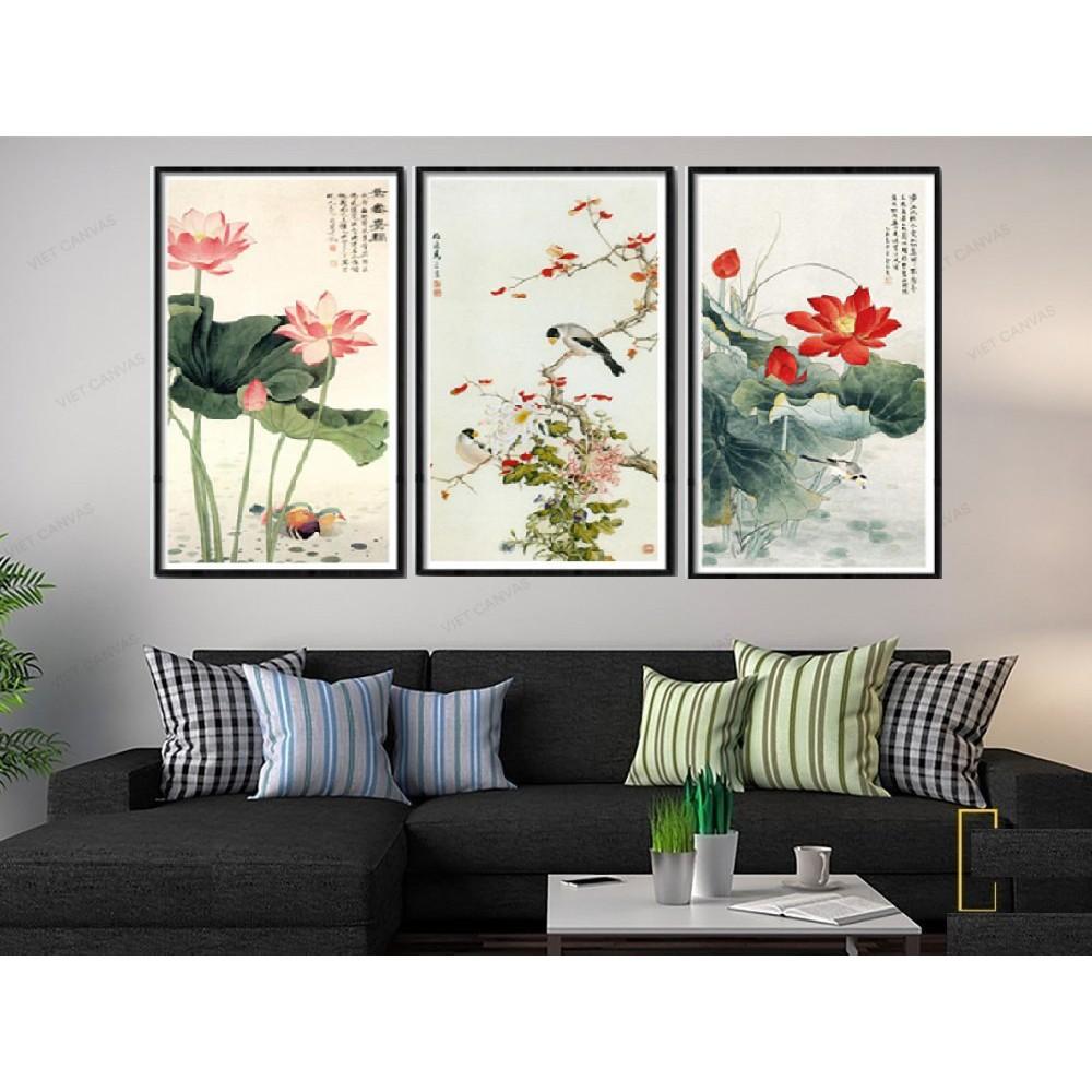 Bộ 3 Tranh Treo Tường Phong Thuỷ Hoa Sen, Liên Hoa Trước Gió ( 35 x 70cm) CV18