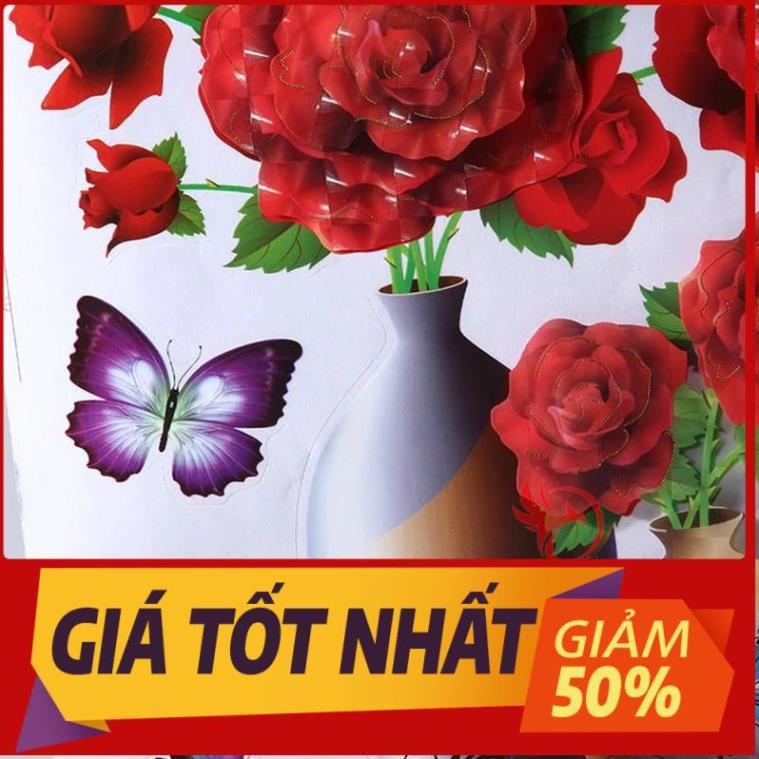 Tranh dán tường 3D treo phòng khách, phòng ngủ trang trí đẹp hình bình lọ hoa hồng/sen/trà/đào