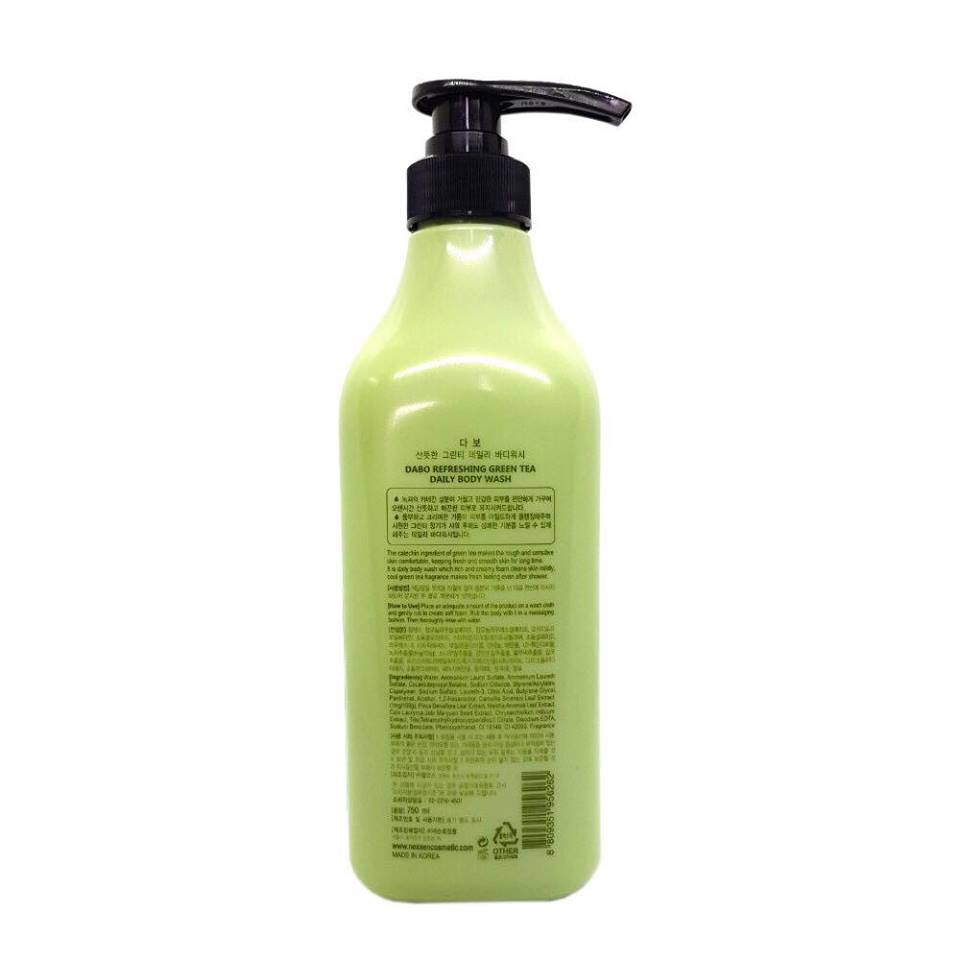 Sữa tắm chiết xuất từ trà xanh mát da sạch nhờn ngăn ngừa mụn DABO REFRESHING GREEN TEA DAILY BODY WASH Hàn Quốc Chính Hãng (750ml) [ Tặng dây cột tóc ]