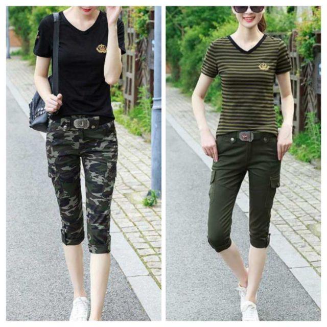 Đồ bộ nữ cổ tim 2 màu xanh rêu đen phối quần kaki cực ngầu