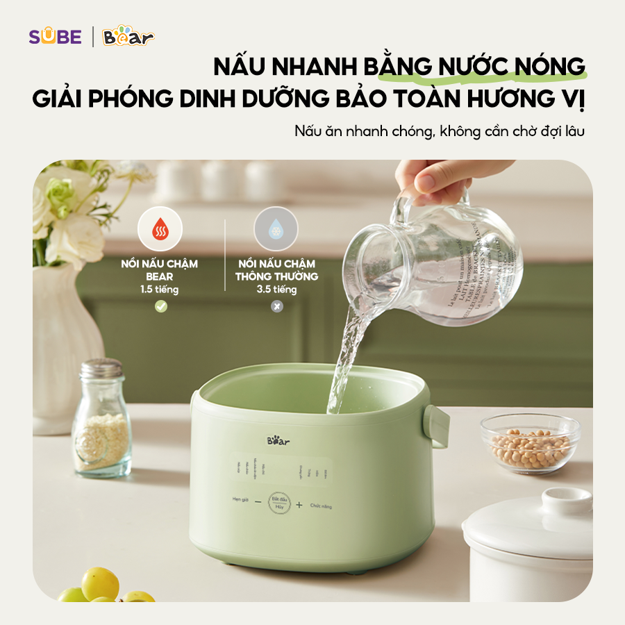 Nồi Nấu Chậm Bear 1L Chính Hãng 8 Chế Độ Nấu Hầm Chưng Yến Tiết Kiệm Thời Gian Giữ Trọn Dinh Dưỡng SB-NNC10 - Hàng Chính Hãng