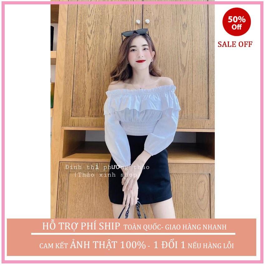 Áo kiểu trễ vai bèo nhún tay dài cực xinh kute, áo croptop nhún vai HÀN QUỐC thời trang 1989