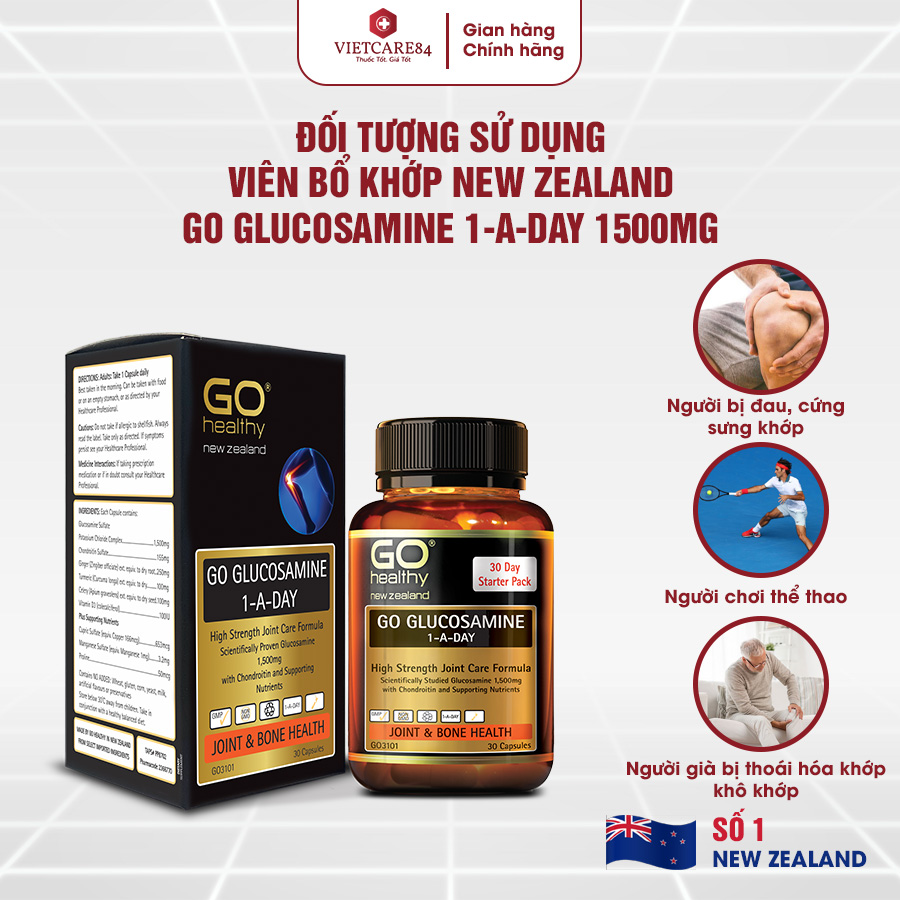 Viên uống bổ xương khớp nhập khẩu chính hãng New Zealand GO GLUCOSAMINE 1-A-DAY 1500mg (30 viên) hỗ trợ tăng dịch khớp, giảm tình trạng thoái hóa khớp, khô khớp, cứng khớp; nuôi dưỡng xương sụn khớp khỏe mạnh