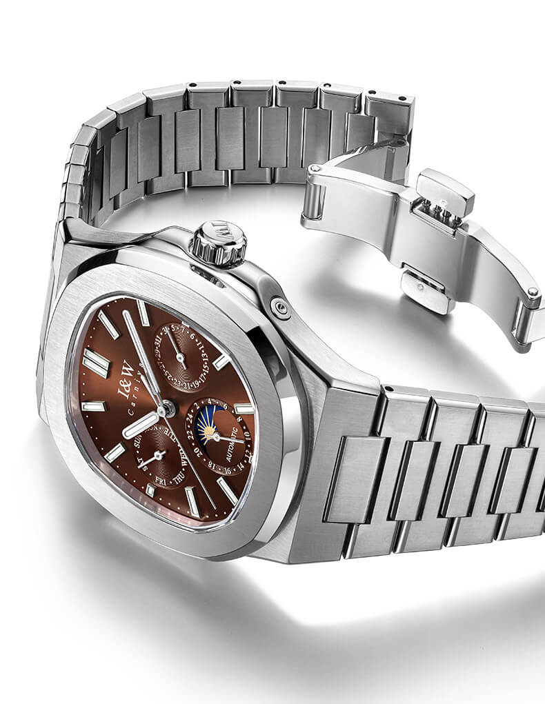 Đồng hồ nam chính hãng I&W CARNIVAL 55886G-4 mặt nâu size mặt 42mm,kính sapphire ,chống nước 50m,dây thép không gỉ