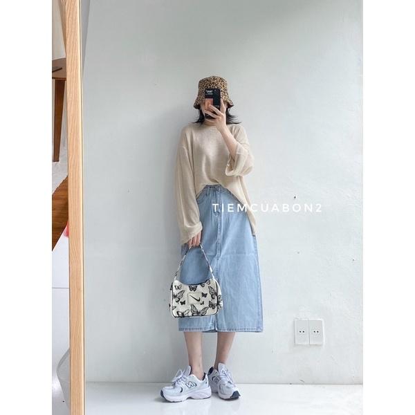 Chân váy bò dài xẻ trước