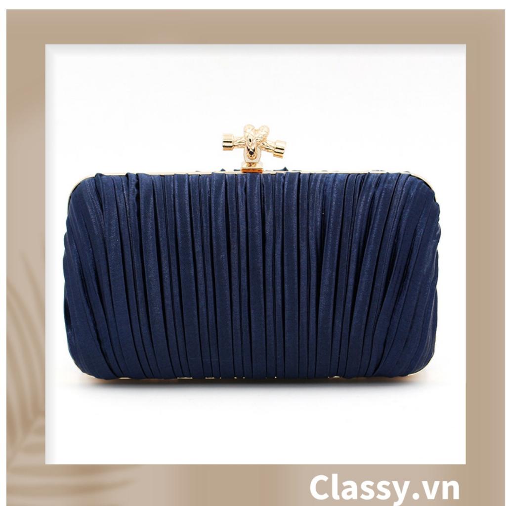 Clutch Classy cầm tay đi tiệc màu be, vải Satin Mịn Xinh Sang Dài 18 X Rộng 10 CM, dây đeo chuỗi hạt T006