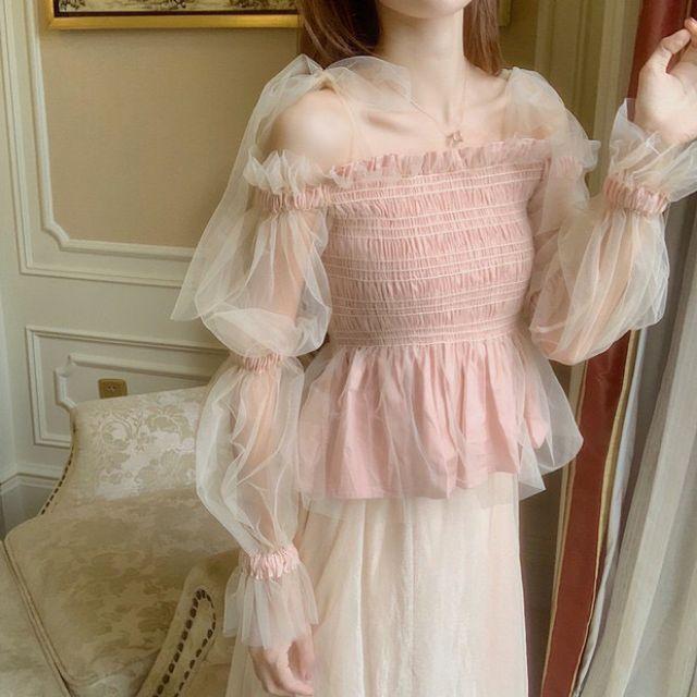 Áo kiểu nhún tay lưới nơ bánh bèo xinh iu iu