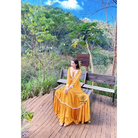 HOANGYEN - Sun Dress đầm tay dài viền ren bohemian voan vàng