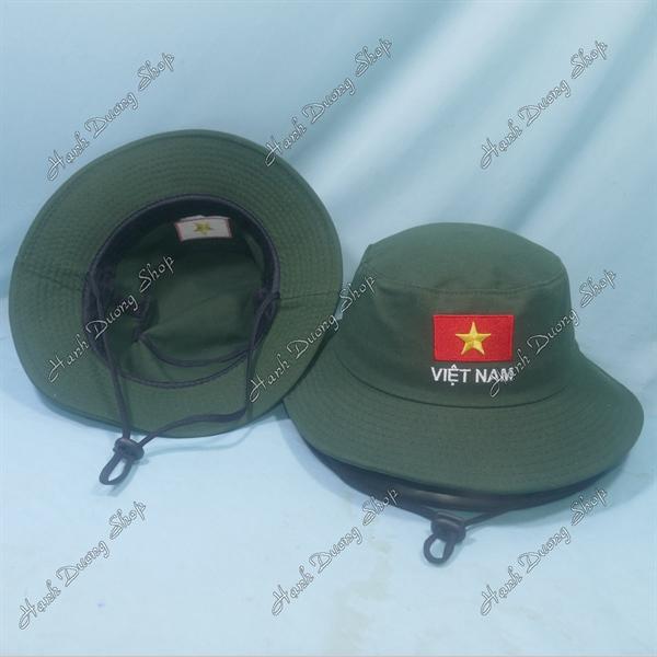 Nón tai bèo trẻ em 6-12 tuổi, mũ tai bèo thêu Lá cờ Việt Nam size đầu 54-56cm, đường kính 19.5cm - Rêu Đậm