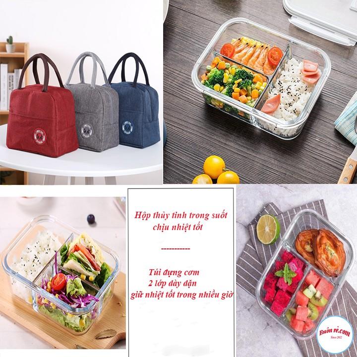 Hộp cơm thủy tinh 3 ngăn tặng kèm túi đựng giữ nhiệt 2 lớp Lunch Bag cao cấp 00995