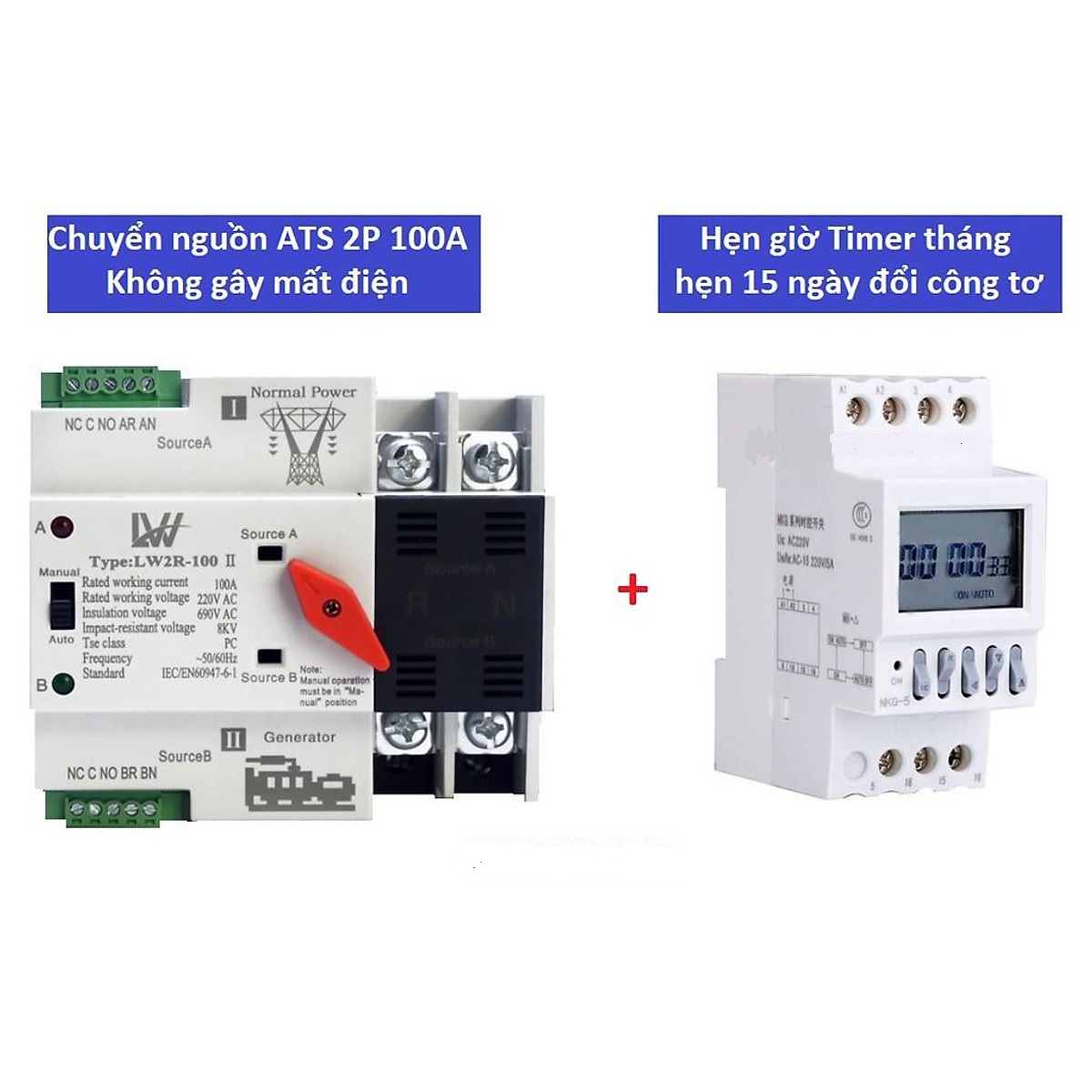 Combo tủ điện Ats 100A LW + Timer NKG5 chuyển đổi 2 nguồn điện tự động luân phiên 15 ngày trong tháng không gây mất điện