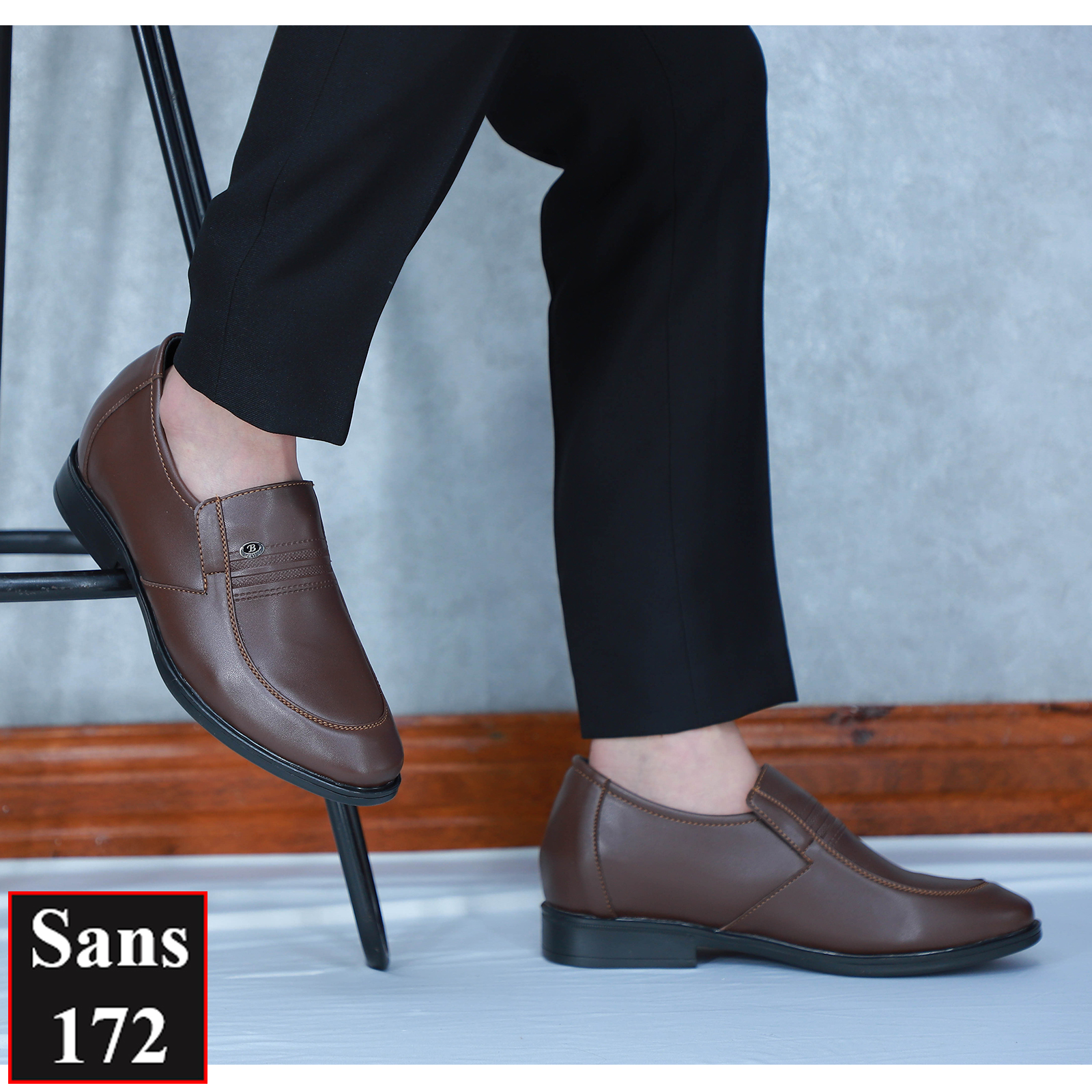 Giày tây nam tăng chiều cao 6cm Sans172 giá rẻ giầy da lười độn đế nâng gót công sở trung niên màu đen nâu hàn quốc
