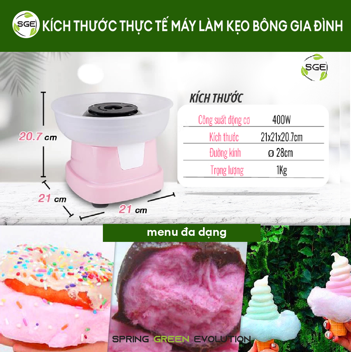 Máy Làm Kẹo Bông Gòn Mini SGE BX-G400 Công Suất 400W Vỏ Máy Inox, PP Dễ Sử Dụng Giá Hấp Dẫn - Tặng Thìa Đong, Que Kẹo