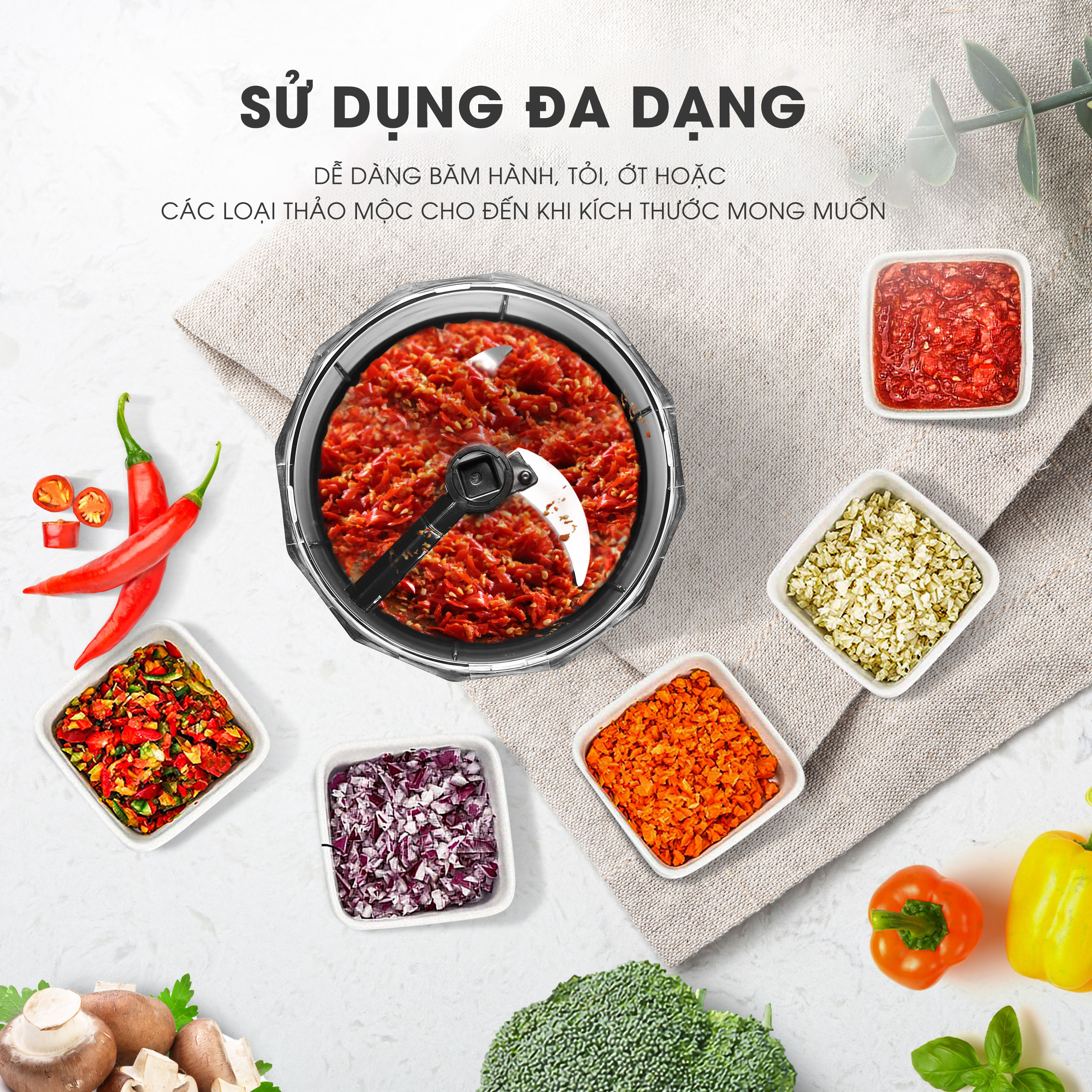 Dụng cụ xay tỏi ớt, thực phẩm Zuhausebasics ZB38 lưỡi xay bén,dây rút tiện lợi - hàng chính hãng