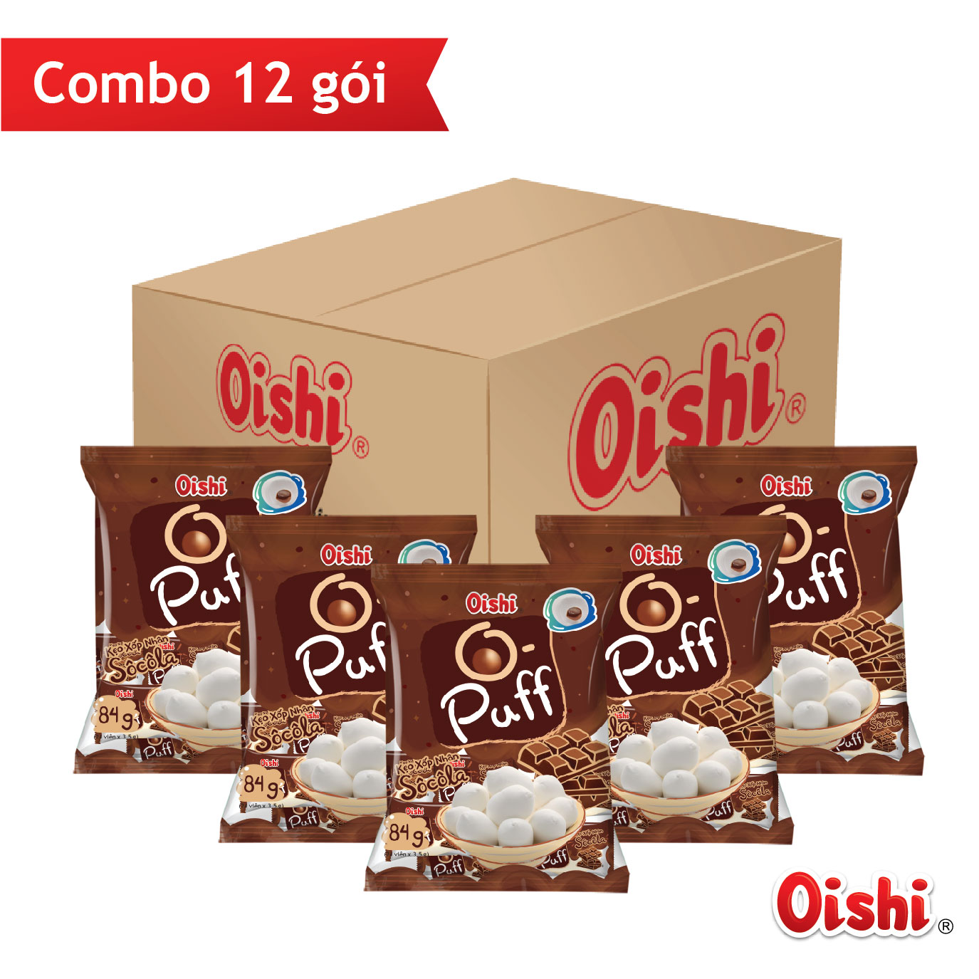 Combo 12 gói Oishi Kẹo Xốp Nhân Socola O-Puff (84g/gói)