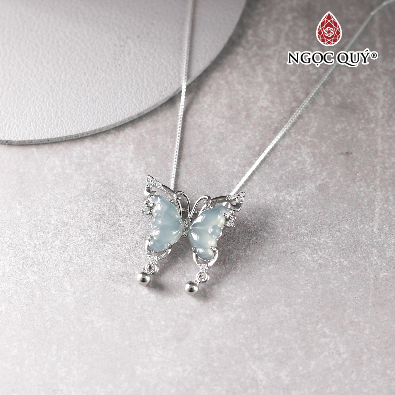 Dây chuyền hồ điệp phỉ thúy lam ngọc nếp băng type A bọc bạc - 21x24mm mệnh thủy mộc - Ngọc Qúy Gemstones