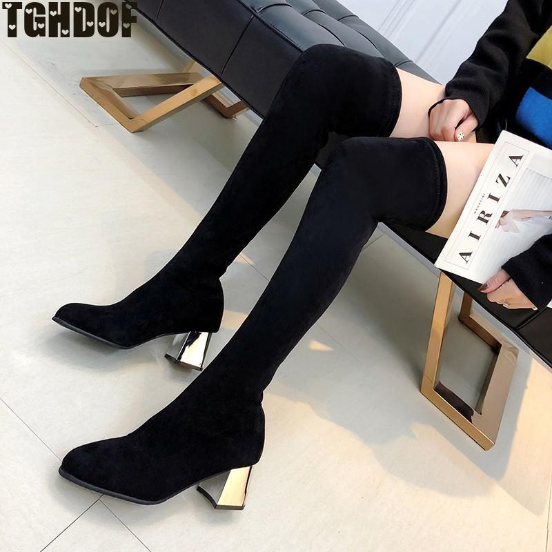 Over-The-Đầu Gối Dài Stovepipe Đi Giày Đen Mỏng Mùa Đông Ấm Áp Boot Kim Loại Chun Giày Cao Gót Hiệp Sĩ Botas giày Nữ 2021