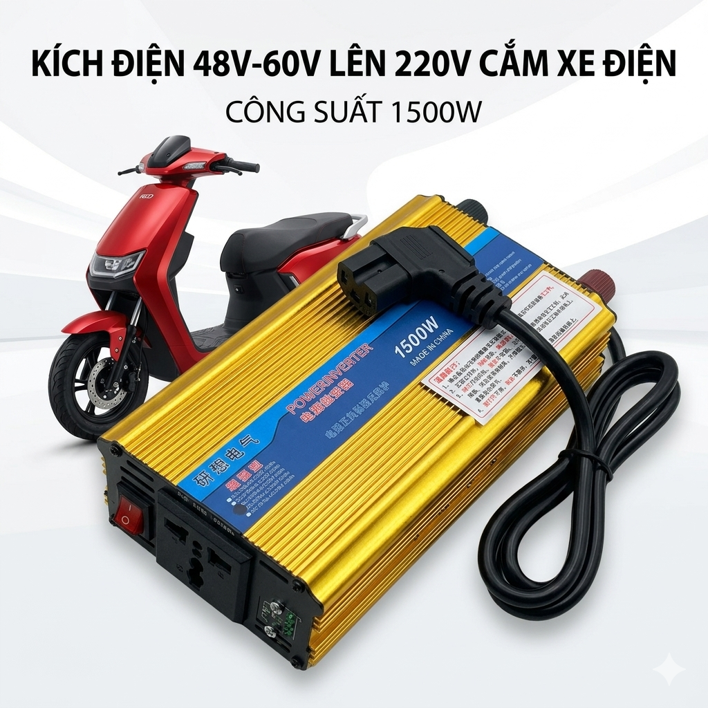 Bộ Kích Điện 48V-60V Lên 220V Cho Xe Điện – Sẵn Giắc Cắm Tiện Lợi, Dùng Khi Mất Điện (1500W), đèn trang trí
