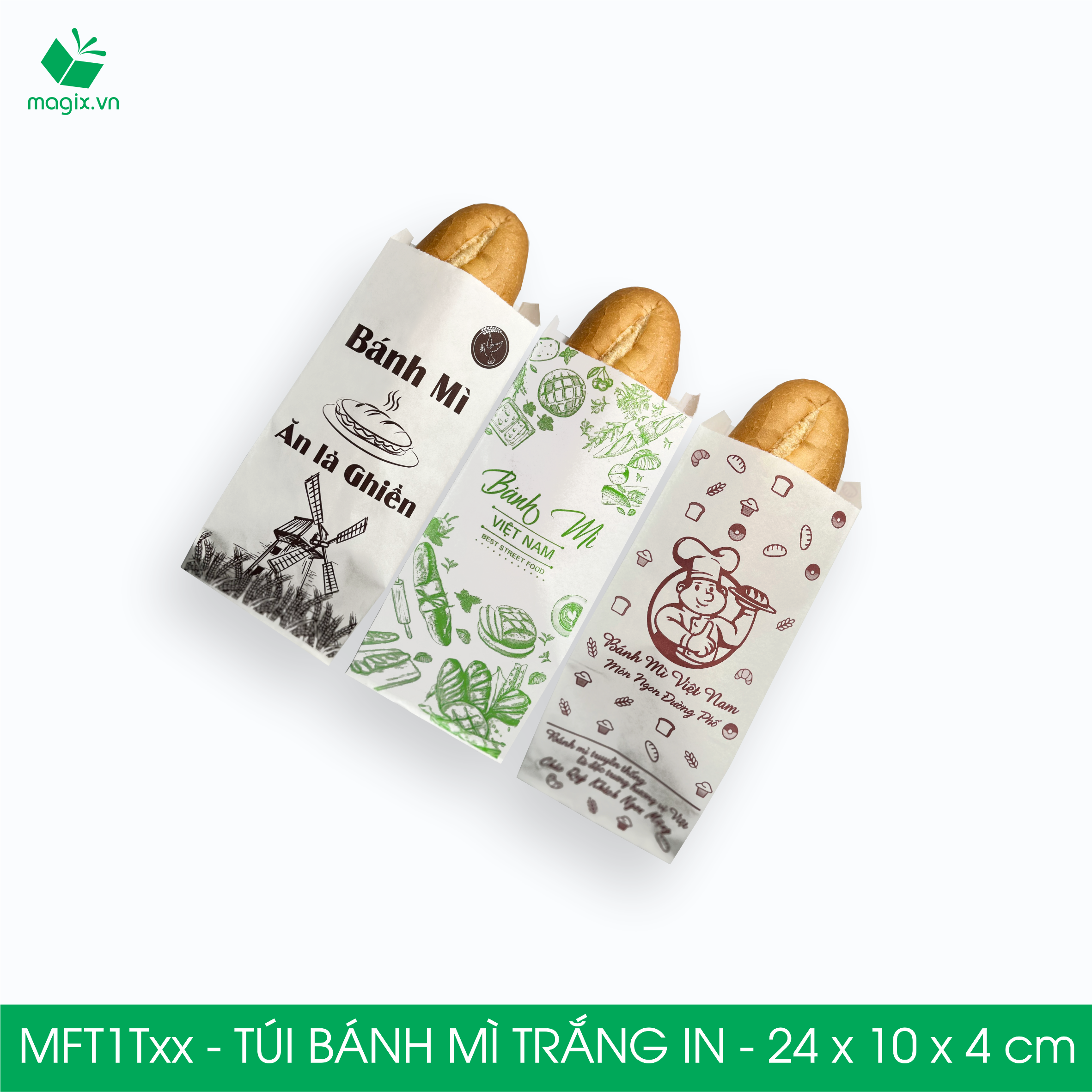 Combo 100 Túi bánh mì Trắng 24x10x4 cm - In sẵn họa tiết nhiều mẫu - Bao bánh mì Túi giấy thực phẩm an toàn