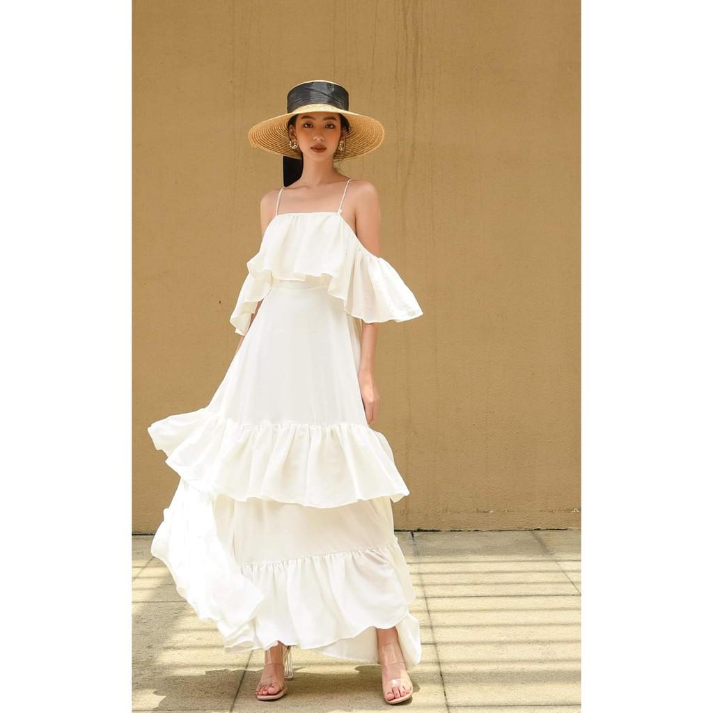 Đầm maxi đi biển hai dây, trễ vai, dáng xòe sang chảnh trắng đỏ bigsize váy đầm nữ đẹp đi biển giá rẻ