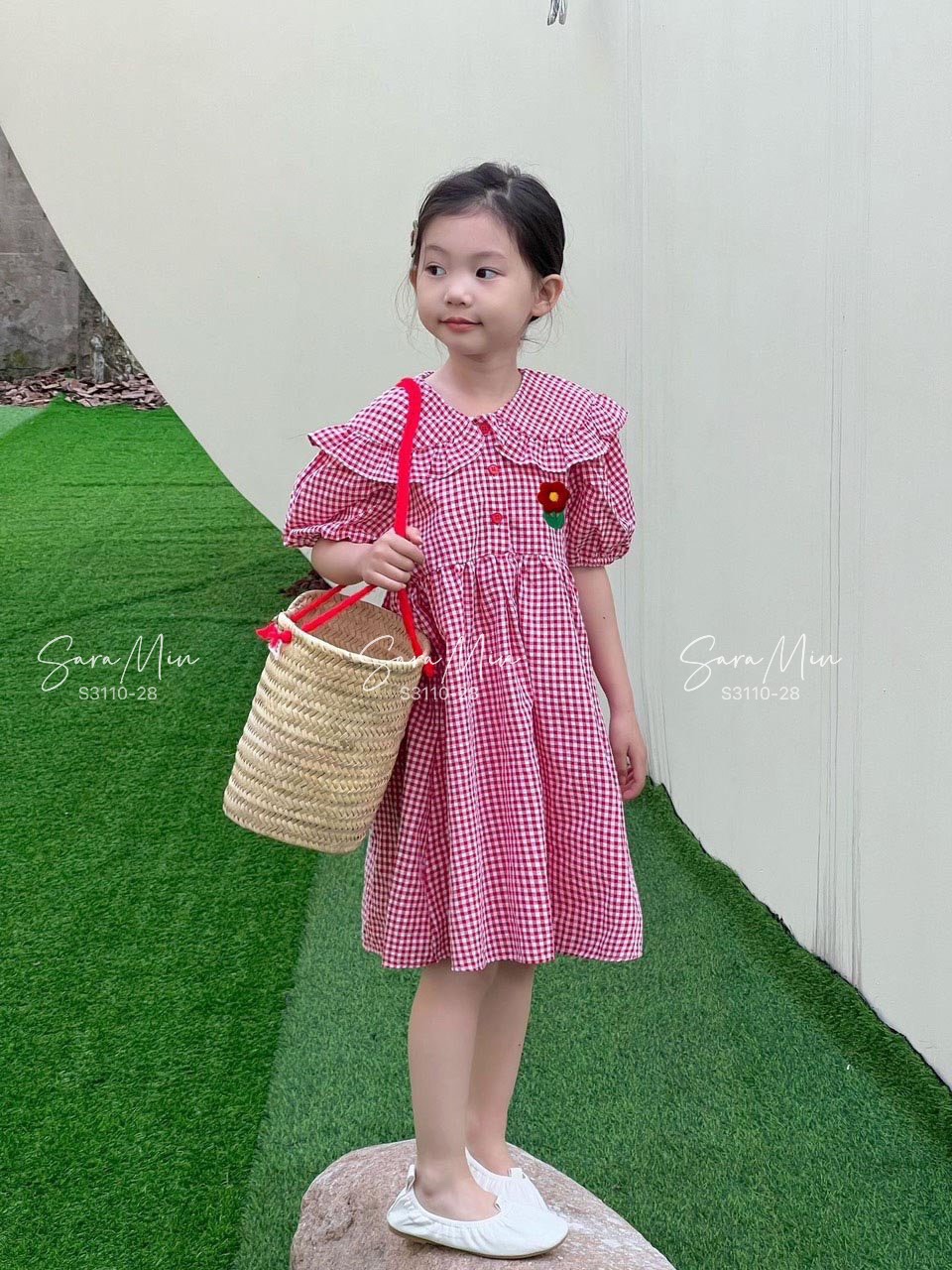 Đầm váy babydoll tay phồng caro cho bé gái diện đi chơi đi học đẹp size 12-35kg chất thô cotton mềm mát