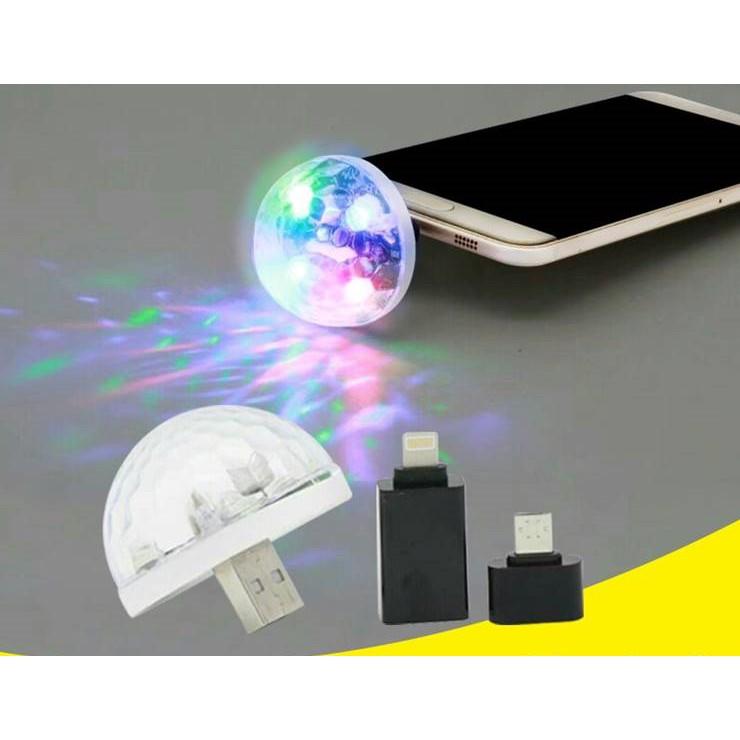 Đèn quả cầu xoay pha lê 7 màu LED gắn điện thoại, sạc dự phòng