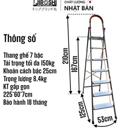 Thang ghế thắp hương gấp gọn nhôm inox Jiroshi 3 4 5 7 bậc, thang xếp gia đình inox nhật bản có tay vịn thông minh.