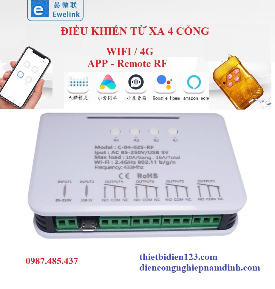 Công tắc thông minh điều khiển qua wifi 4 kênh dùng app Ewelink smart, Công tắc điều khiển từ xa qua điện thoại dùng Wifi - 4G- Remote