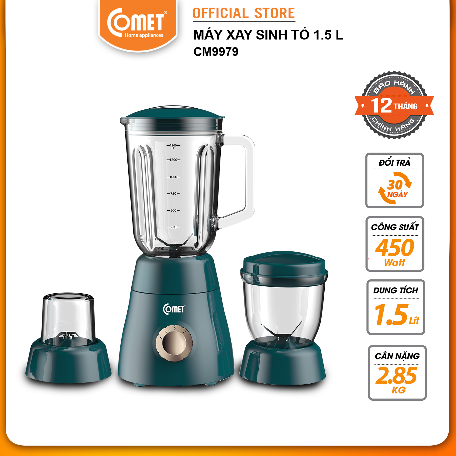 Máy xay sinh tố Comet CM9979 – 3 cối thủy tinh và nhựa cao cấp, công suất 450W – Xay sinh tố, thịt, hạt – Dung tích 1.5L – Hàng chính hãng, bảo hành 1 năm
