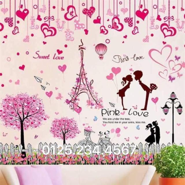 Decal dán tường Combo 3 tranh hàng rào Pink love + dây trái tim + cặp đôi và tháp paris