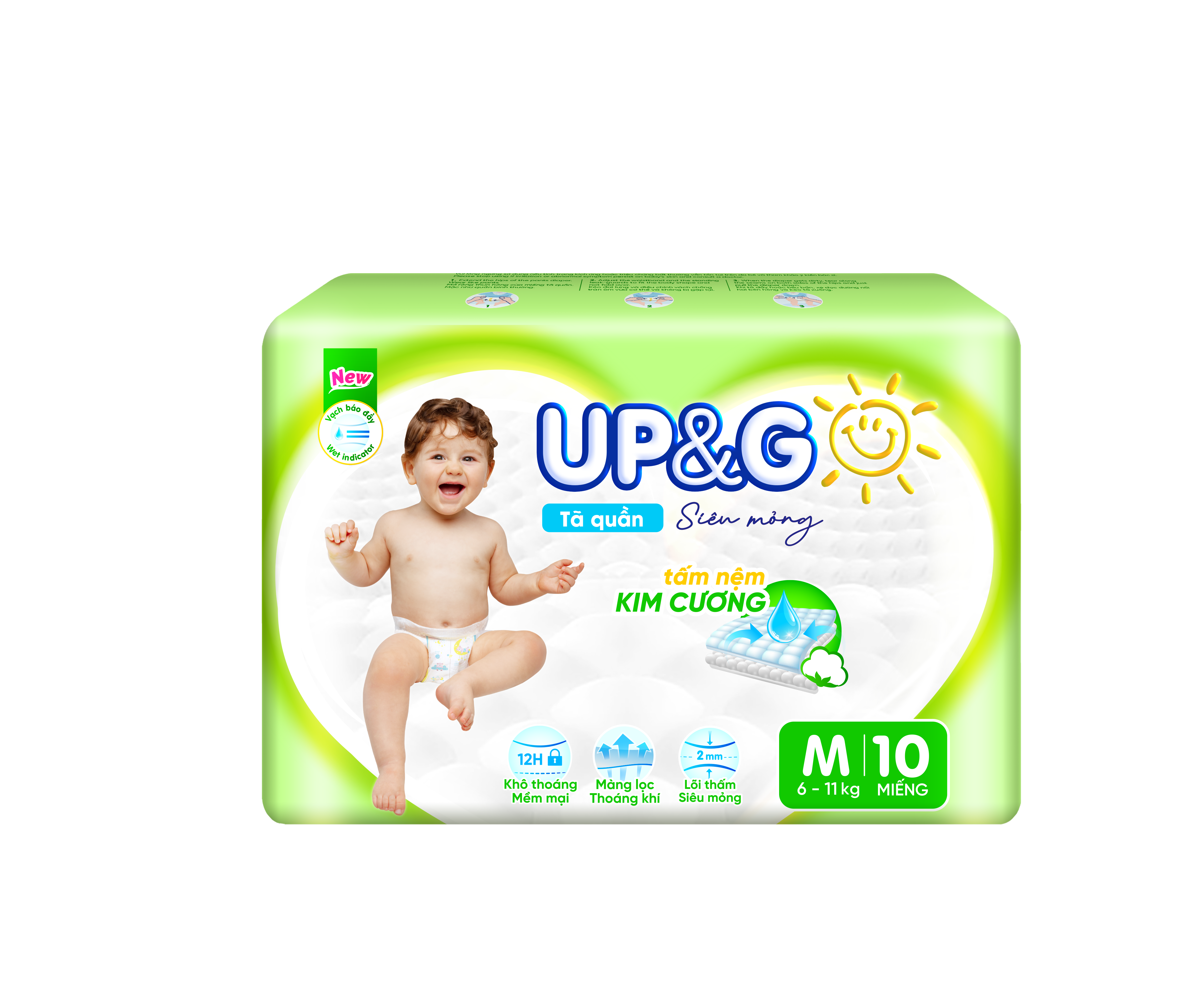 Combo 10 gói Tã/ Bỉm Quần Em Bé Siêu Mỏng Up&amp;Go Lõi Nén 2mm Siêu Mềm Mại, Siêu Khô Thoáng, Siêu Thấm Hút Size S/M/L/XL