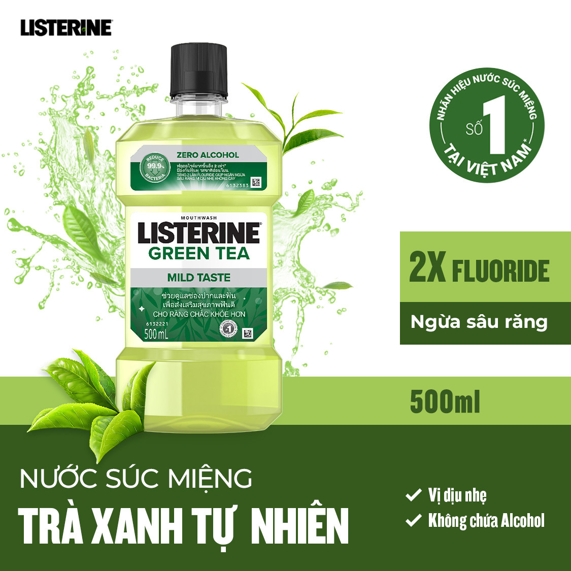 Nước súc miệng ngừa sâu răng vị trà xanh không cay Listerine Natural Green Tea 500ml - 100953223