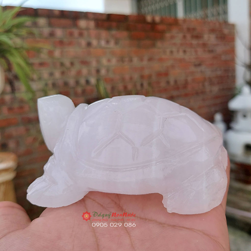 Tượng rùa phong thủy đá thạch anh hồng 9cm - đá Non Nước