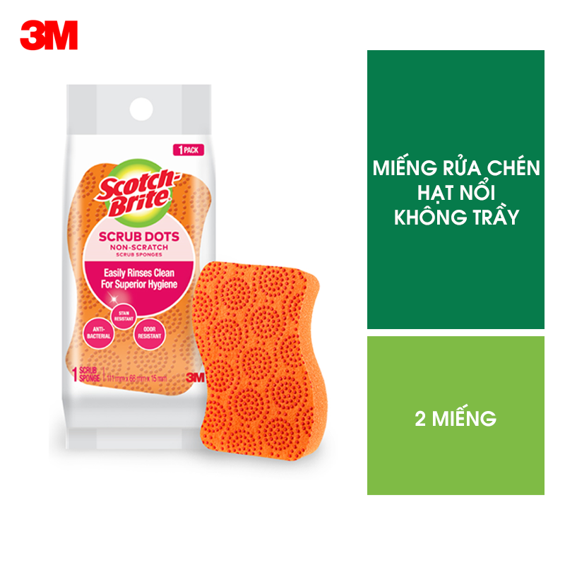 Combo 2 Miếng rửa chén hạt nổi không trầy xước Scotch-Brite 3M đa năng, mút kháng khuẩn, không bám cặn màu cam