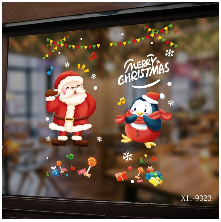 Decal trang trí giáng sinh ông già noel và chim cánh cụt