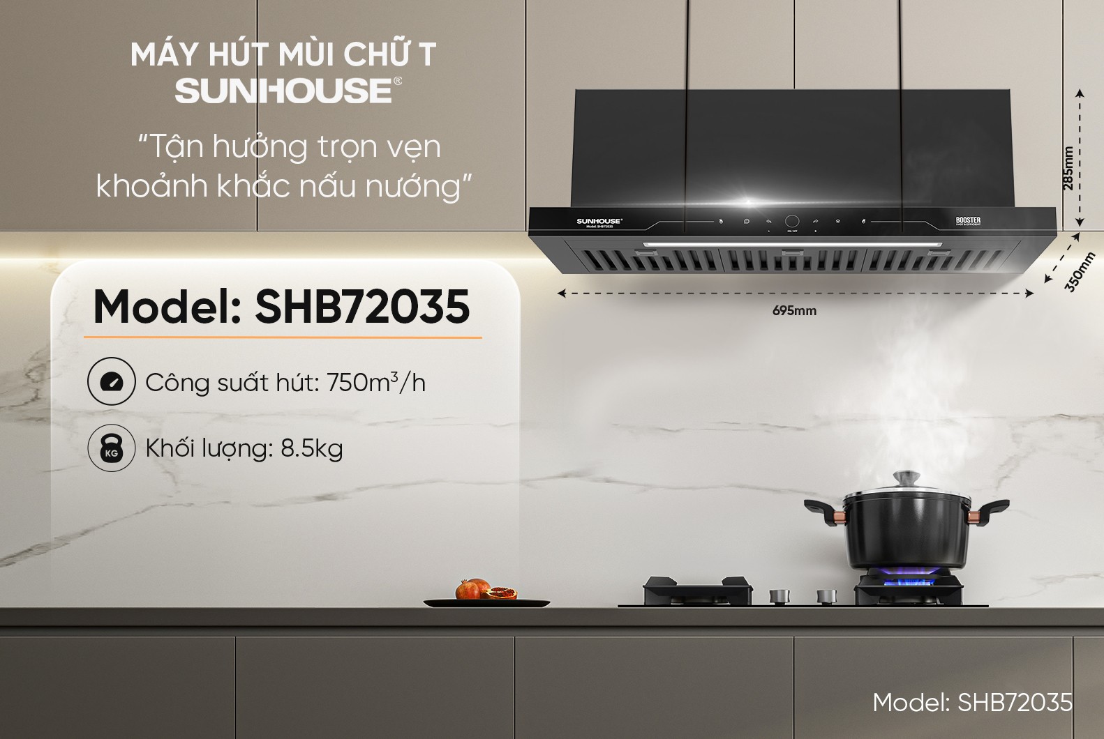 Máy hút mùi âm tủ Sunhouse SHB72035, Công suất 220W, Công suất hút 750m3/h,Công nghệ Ultra-Quiet độ ồn thấp, Điều khiển cảm biến thông minh, Chế độ Booster hút cực mạnh, Bảo hành 36 tháng tại nhà - Hàng chính hãng
