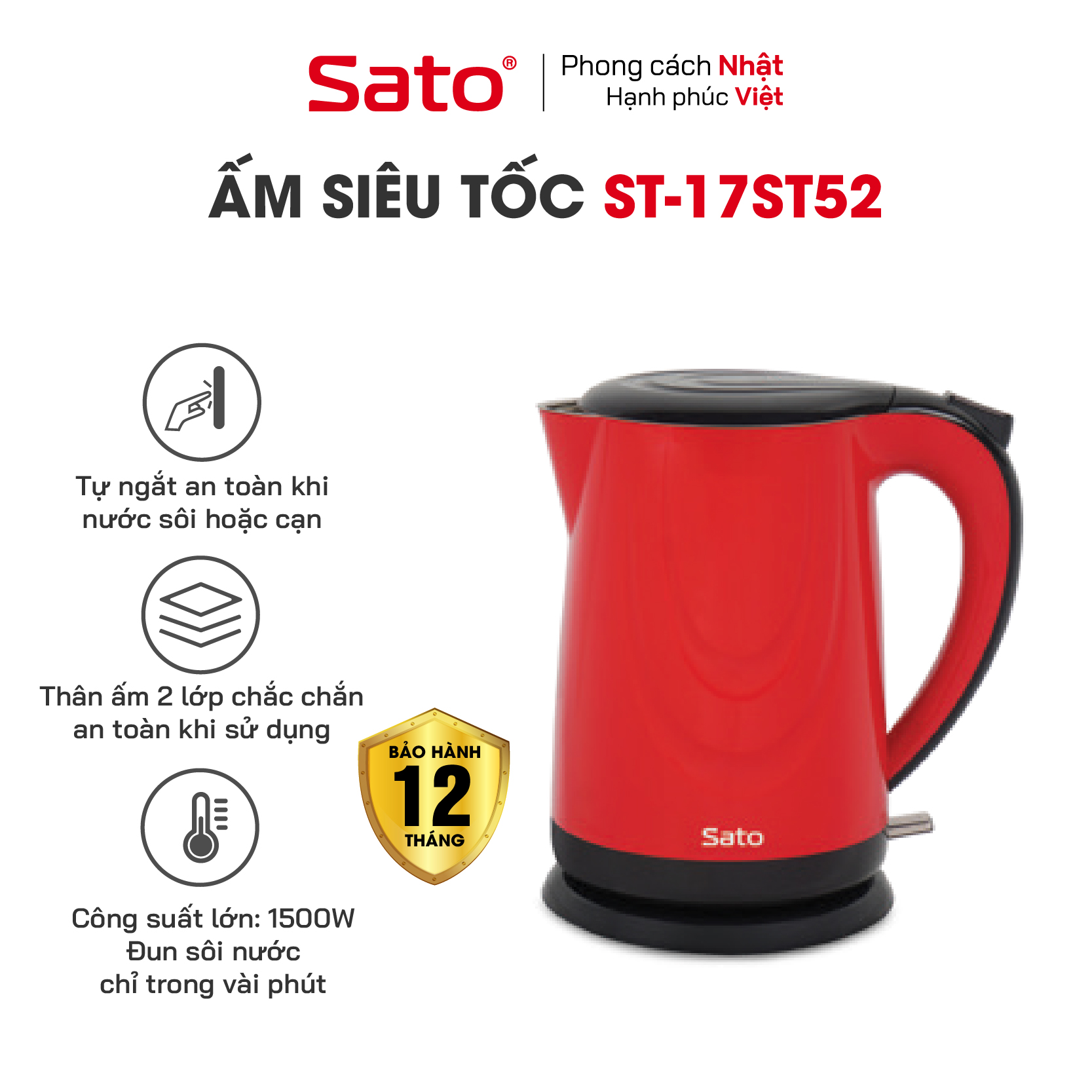 Ấm siêu tốc 2 lớp cao cấp 1.8L Sato 17ST52 - Ruột ấm bằng inox cao cấp không gỉ, vỏ ngoài ấm bằng nhựa cao cấp cách nhiệt - Miễn phí vận chuyển toàn quốc - Hàng chính hãng