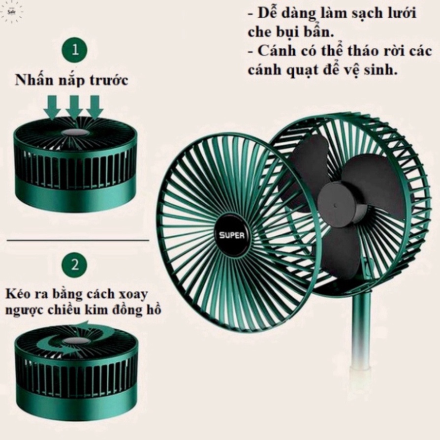 Quạt Tích Điện Gấp Gọn Super 3 Tốc Độ Gió, Quạt Mini Để Bàn Xoay 180 Độ, Có Thể Kéo Dài ,Cổng Sạc USB Tiện Dụng Giao Màu Ngẫu Nhiên - Hàng Nhập Khẩu