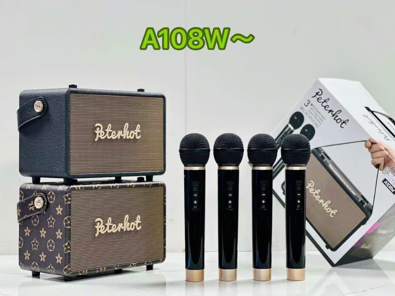 Loa karaoke Bluetooth PETERHOT A108W - kèm 2Micro  không dây Cổng  typeC -Hàng Chính Hãng