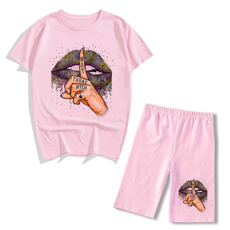 Mùa Hè Lepard Môi In Hình Biker Quần Short 2 Bộ Áo Thun Chui Đầu Nữ Áo Thun Nữ Quần Jogger Short Bộ Nữ Ngắn Phù Hợp Với Áo Trang Phục