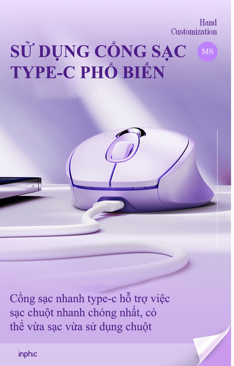 Chuột không dây INPHIC M8BT kết nối bằng Bluetooth thiết kế nhỏ gọn với màu tím Lavender cực đẹp dành cho các bạn nữ - HN - HÀNG CHÍNH HÃNG