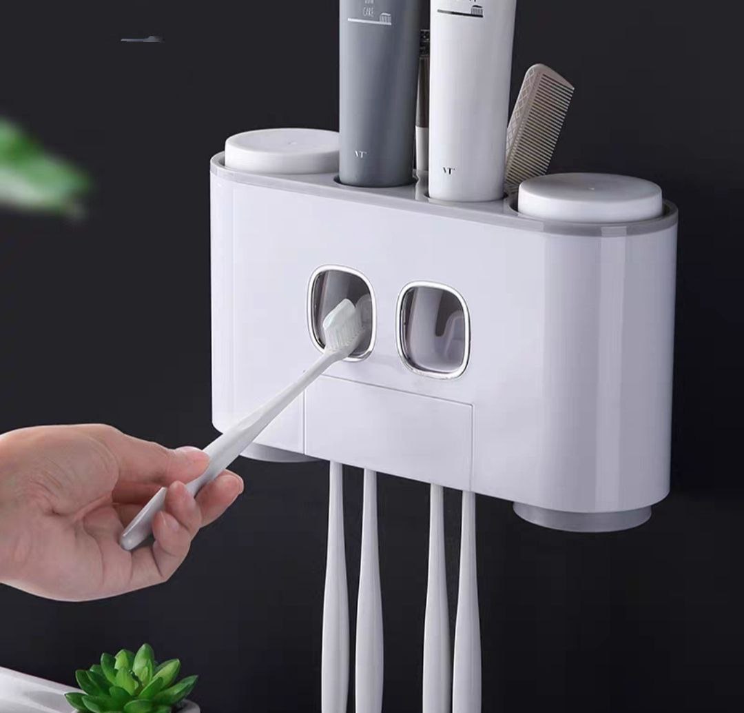 Hộp kệ đựng bàn chải kem đánh răng kèm 4 cốc 2 cửa nhả kem đánh răng thông minh dán tường vô cùng chắc chắn không cần khoan tường hay dùng ốc vít E-1802