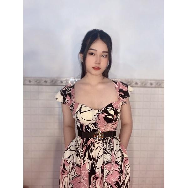 Đầm xoè hoạ tiết hoa cúp ngực cánh tiên có túi hai bên