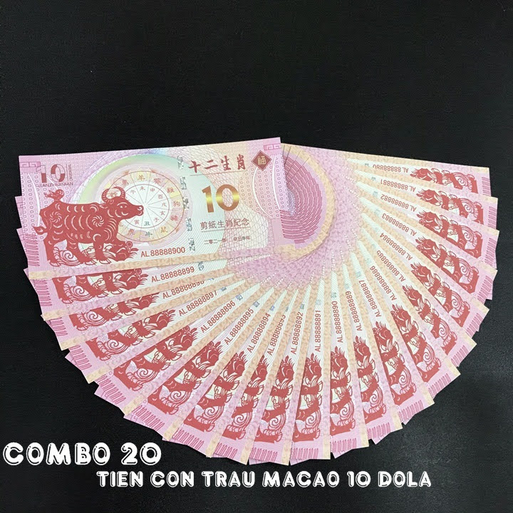 Combo 20 tờ lưu niệm 10 dola Macao hình con Trâu, dùng để sưu tầm, lưu niệm, làm tiền lì xì độc lạ, may mắn, ý nghĩa