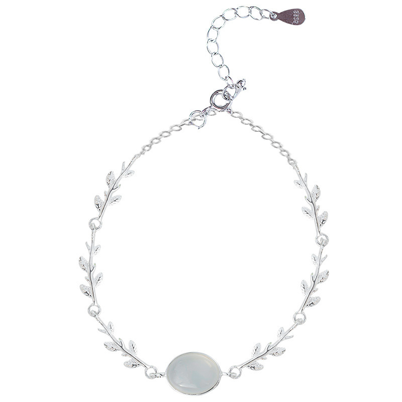 Hình ảnh Lắc Tay Bạc Nữ Gắn Đá, Vòng Tay Bạc Nữ Nhành Lá Gắn Đá Mặt Trăng Moonstone Huyền Bí - LT2770 - Bảo Ngọc Jewelry