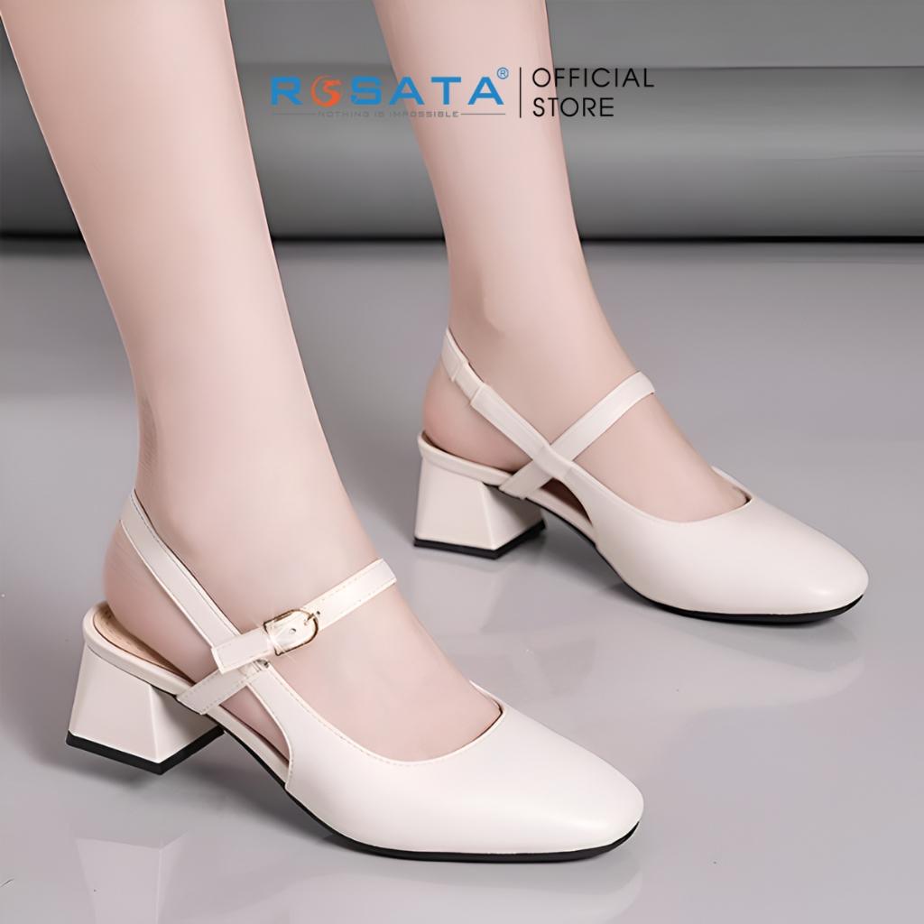 Giày cao gót nữ đế vuông 5 phân mũi tròn quai hậu cài khóa dây mảnh ROSATA RO622 - Nâu