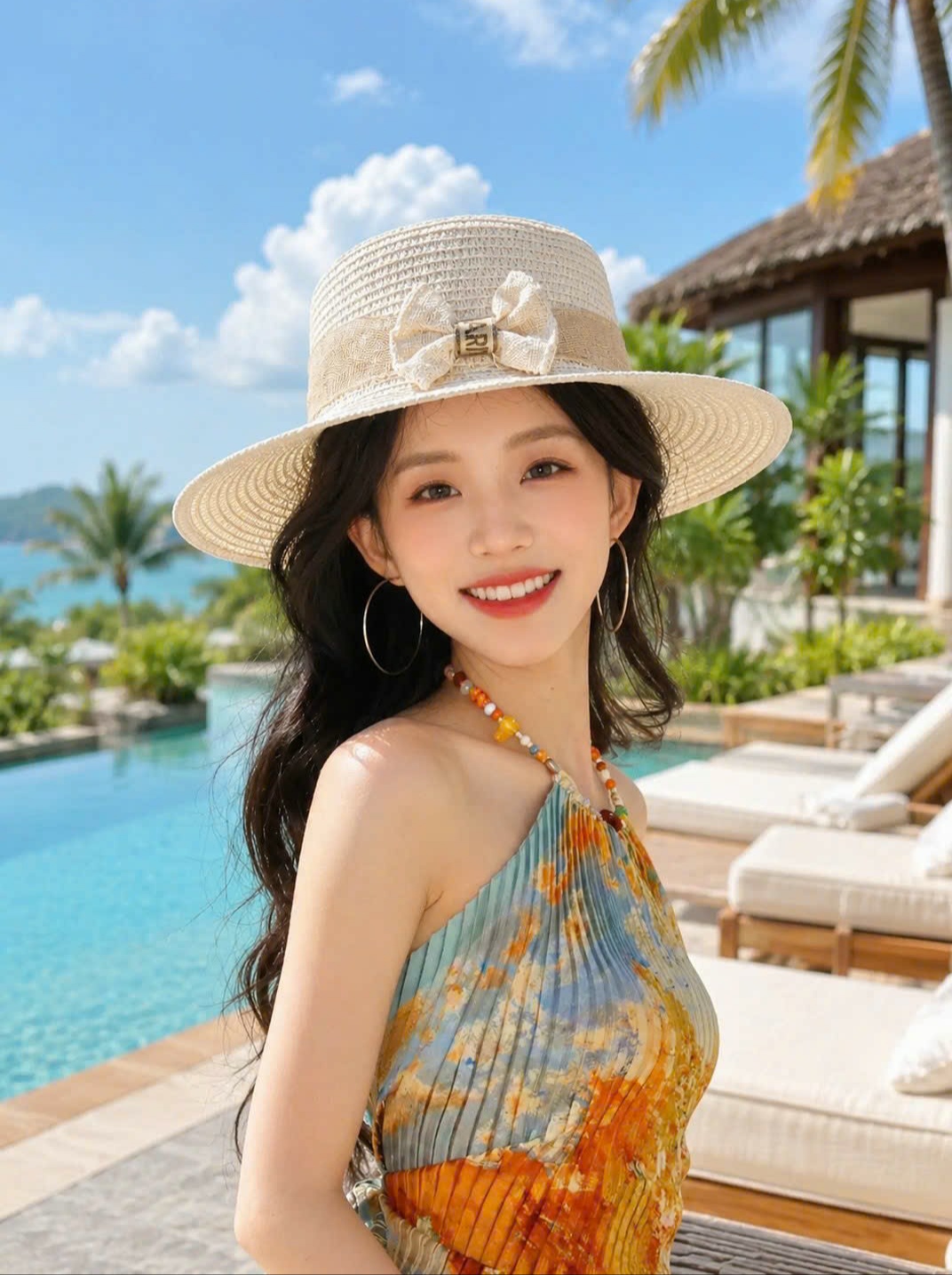 Mũ Cói Nữ Vành Rộng 6cm Phối Nơ Vải Bố Riviera, Nón Đi Biển Che Nắng Du Lịch Thời Trang Hàn Quốc dona050626